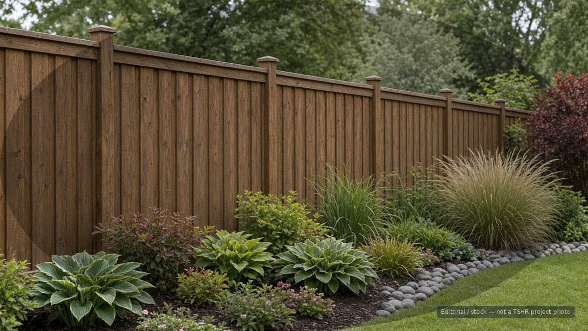 Dark brown wood privacy fence with post caps beside a mulched garden bed of hostas and ornamental grass.