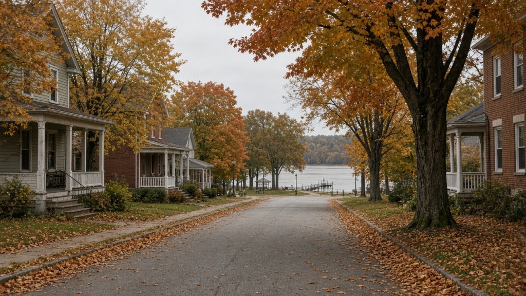Tree-lined residential street with fall color leading to the Ohio River in a western Kentucky river town