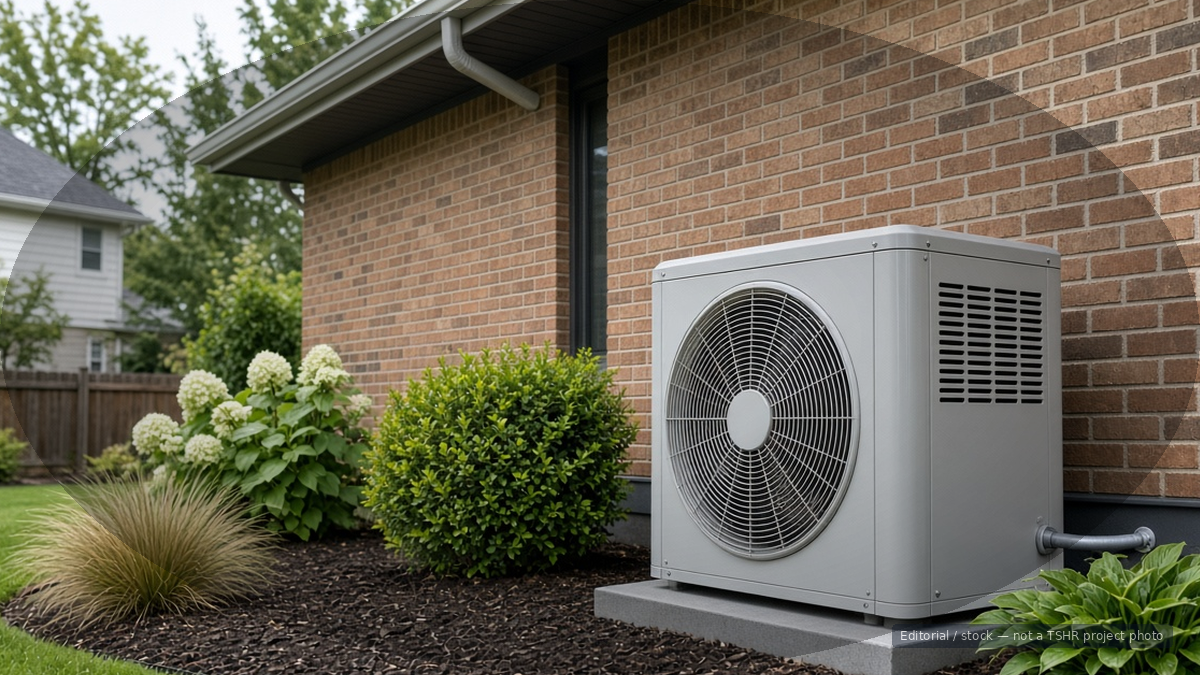 Modern gray outdoor HVAC condenser on a concrete pad beside a brick house with landscaped mulch beds.