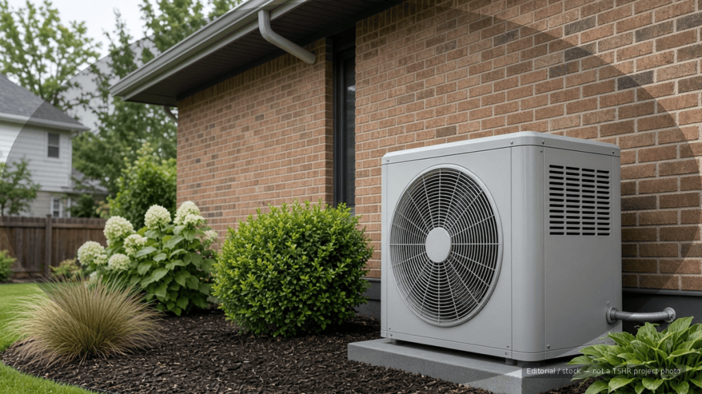 Modern gray outdoor HVAC condenser on a concrete pad beside a brick house with landscaped mulch beds.