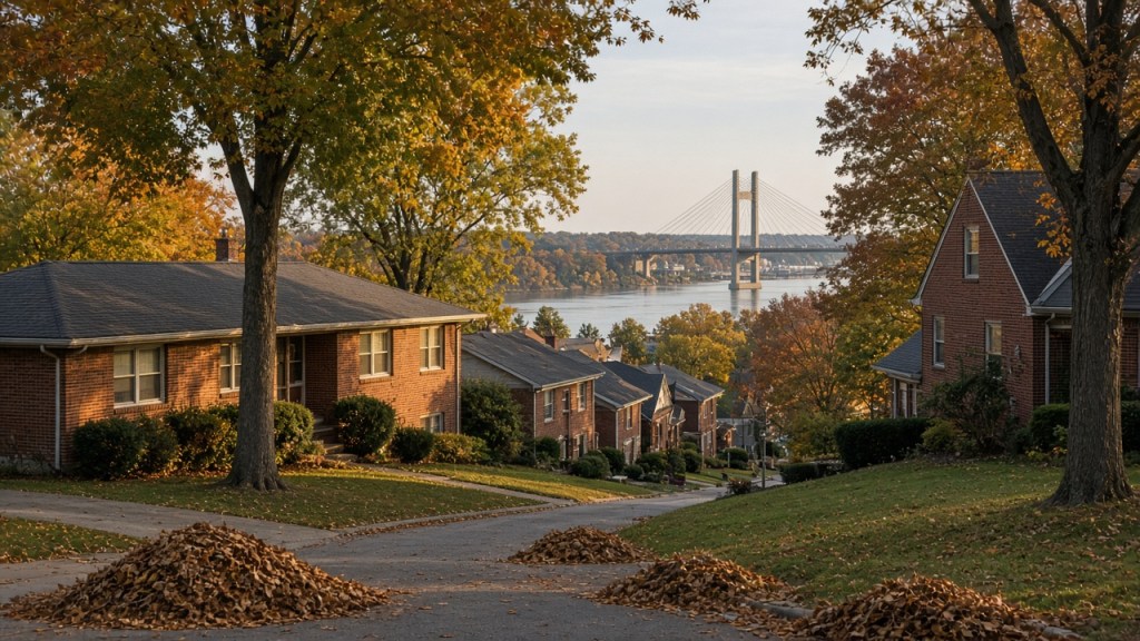 Brick homes with raked leaf piles at the curb and the Ohio River beyond, in a fall Owensboro-area neighborhood