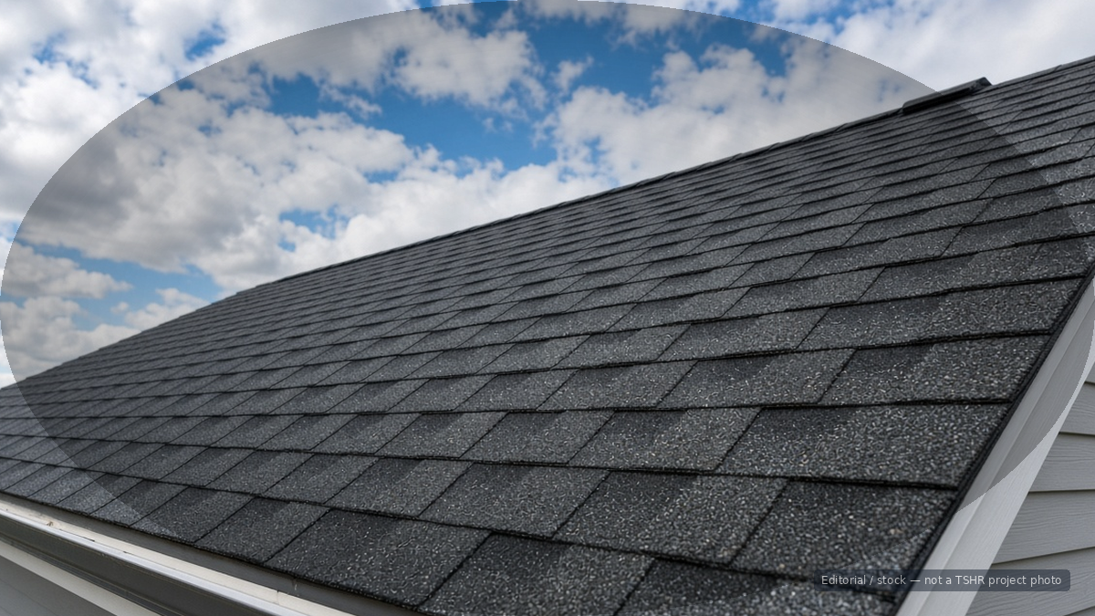 Close-up of a dark gray asphalt shingle roof against a bright blue sky with white clouds.