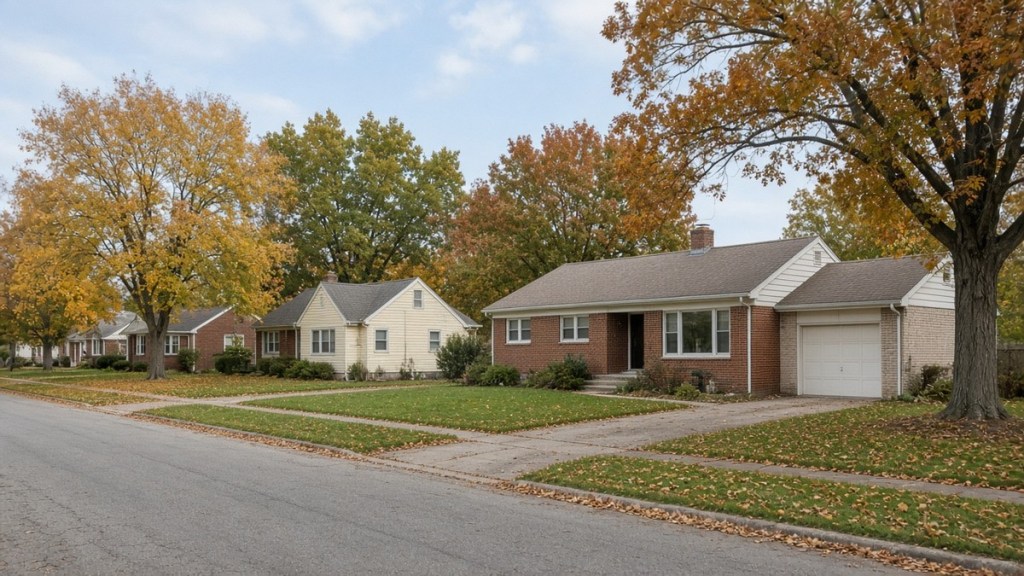 Brick ranch homes and a cream cottage on a quiet Boonville, Indiana street with oaks and maples in fall color.