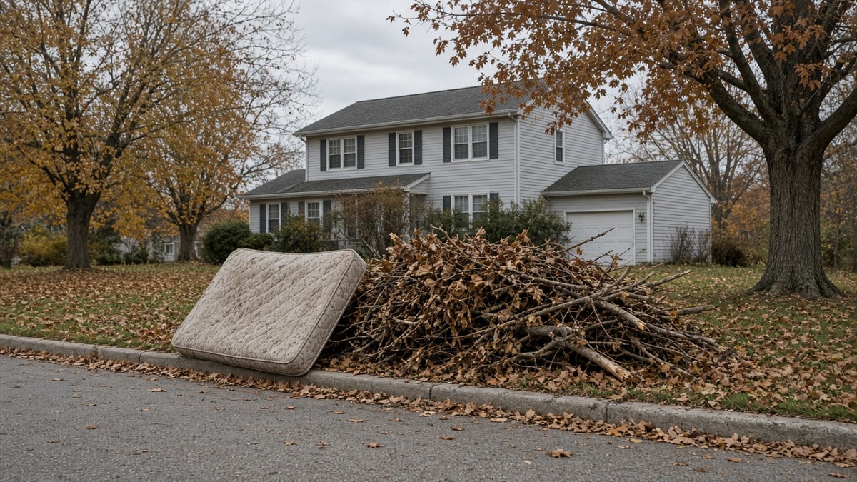 Brush pile and discarded mattress at the curb in front of a Tri-State vinyl-sided home on a fall day.