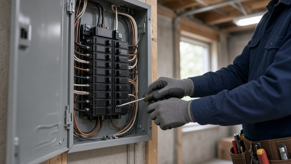 Licensed electrician in work gloves servicing an open residential breaker panel in a garage or basement.