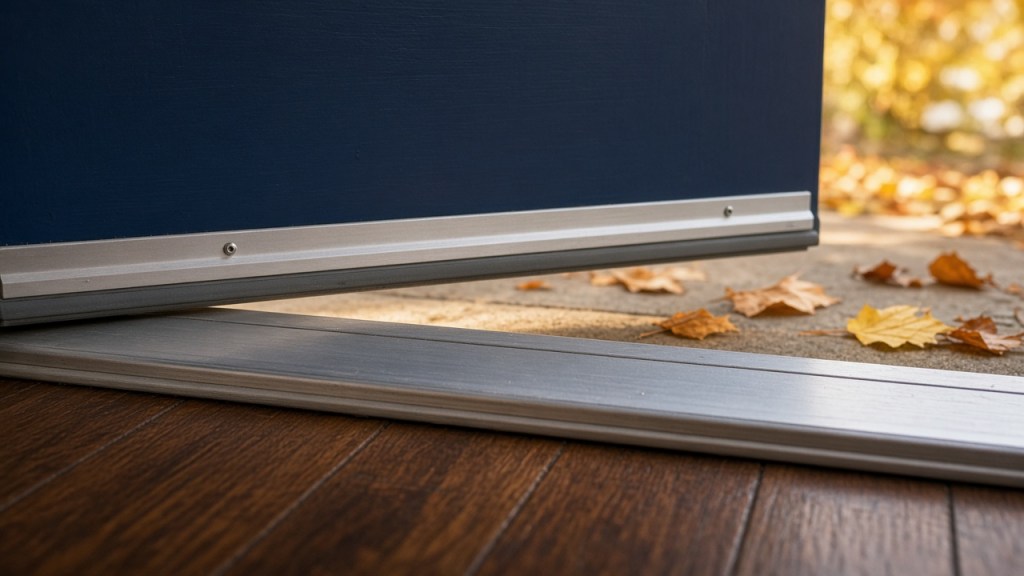 Close-up of an aluminum door sweep at the bottom of a navy exterior door above a metal threshold, with fall leaves on the porch outside