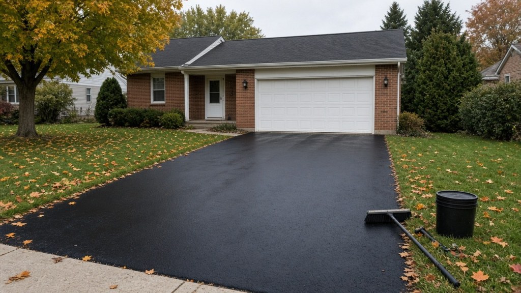 Freshly sealcoated black asphalt driveway in front of a brick ranch home with fall leaves on the lawn