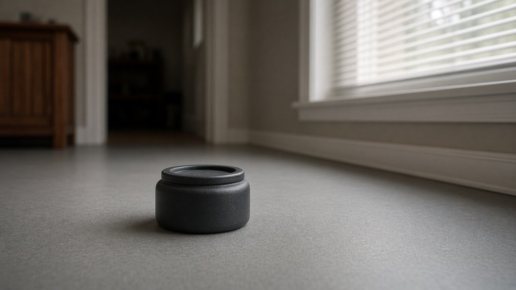 Short-term radon test canister on a finished basement floor near closed blinds in soft daylight.