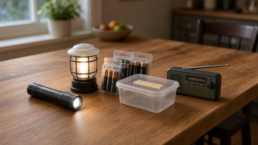 Flashlight, battery lantern, fresh batteries, and a weather radio on a Tri-State kitchen table