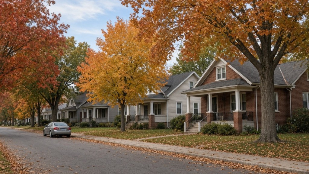 Tree-lined small-town street in Mt. Vernon, Illinois (Jefferson Co.) in fall, with brick and sided porch homes under orange and gold maples.