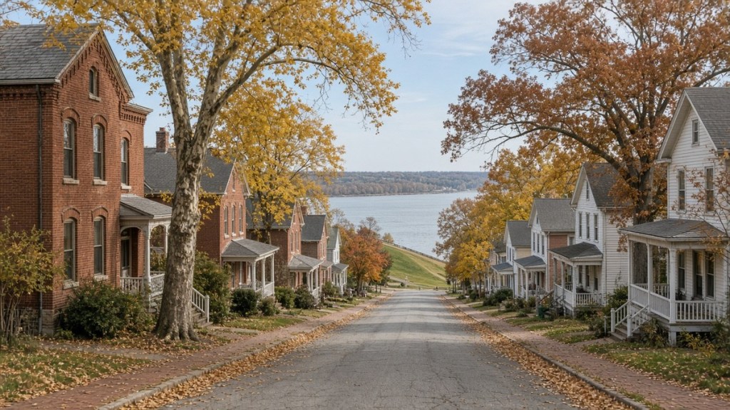 Fall street of older brick and white frame homes in Mount Vernon, Indiana, sloping down to the Ohio River and levee.