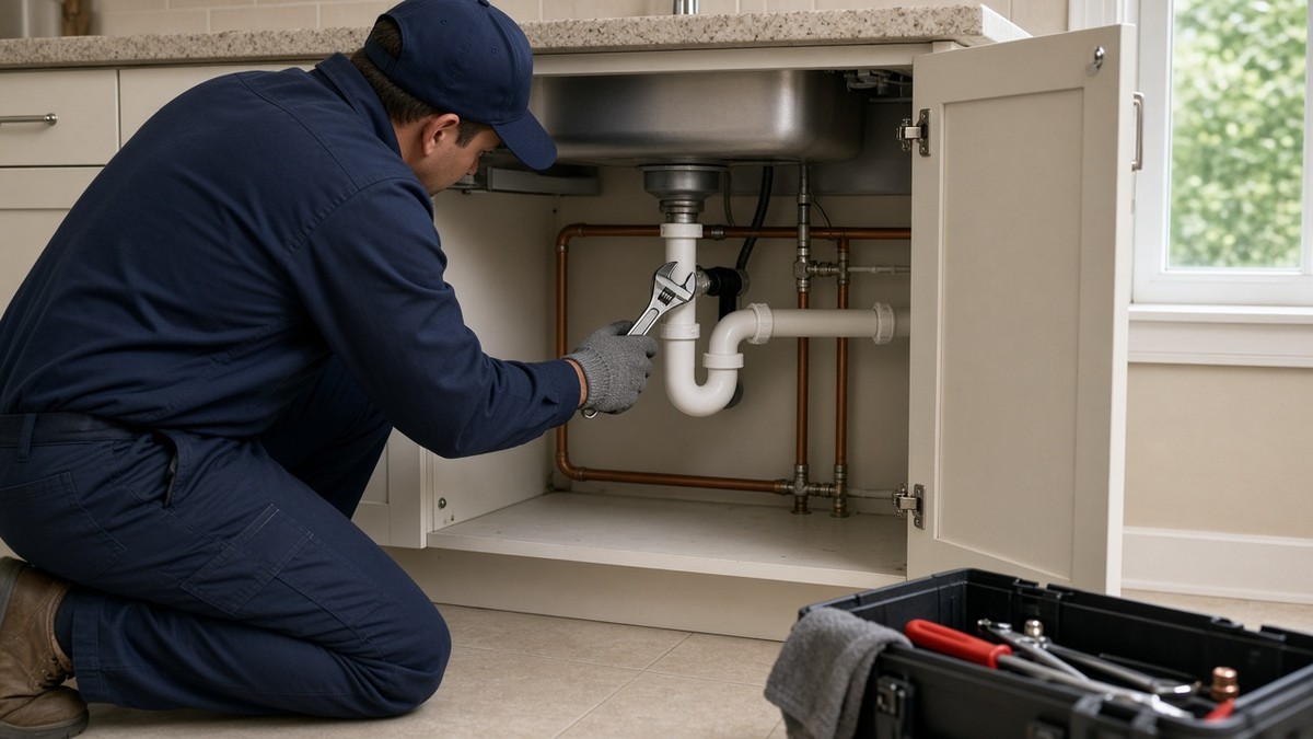 Residential plumber in work gloves using a wrench on under-sink PVC pipes in a kitchen cabinet.