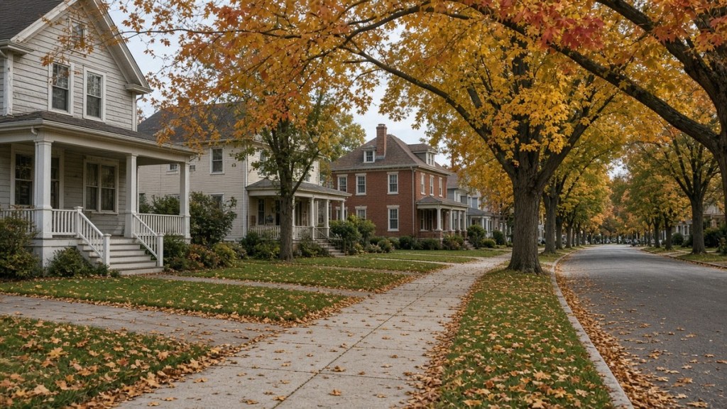 Tree-lined Princeton, Indiana street of older porch homes and a brick foursquare under a gold and red fall canopy.