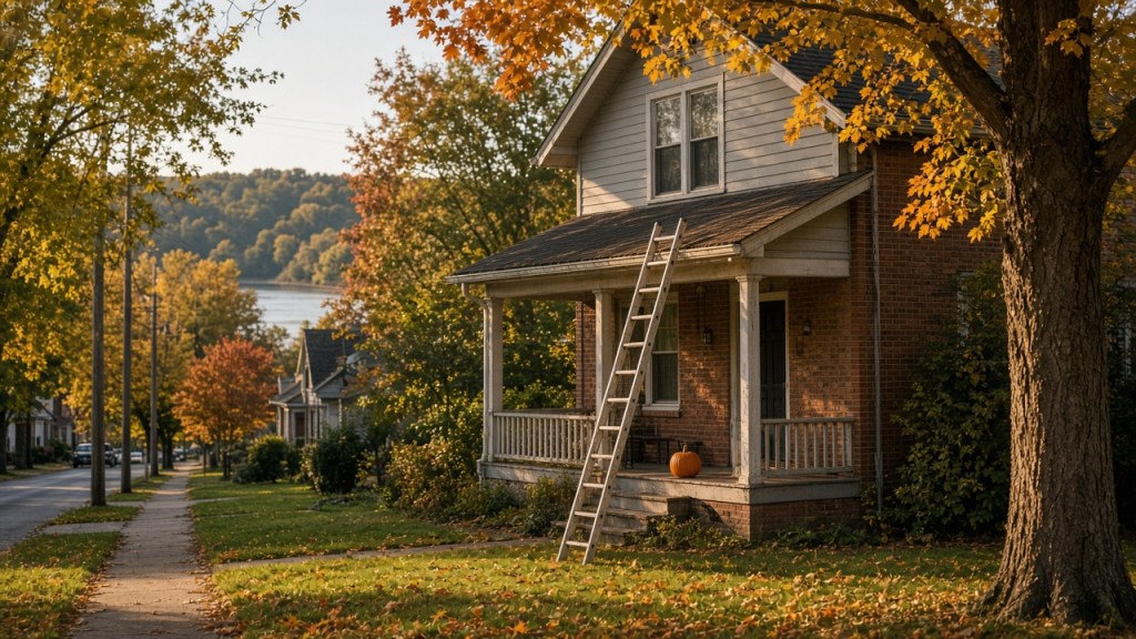 Older brick home with fall maples on a river-town street in southern Indiana