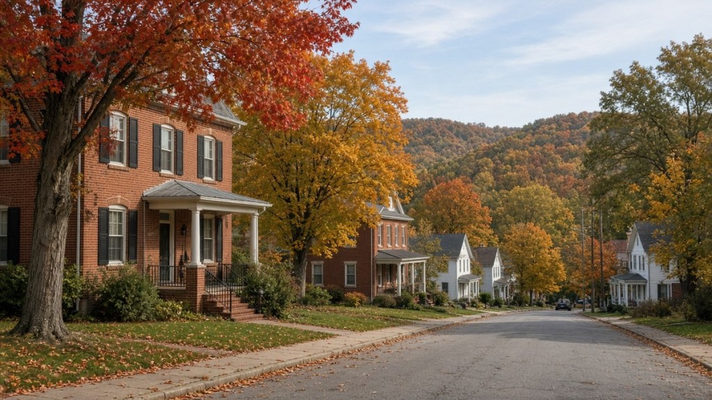 Older red brick and white frame homes on a fall street in Tell City, Indiana, with wooded Perry County hills behind.
