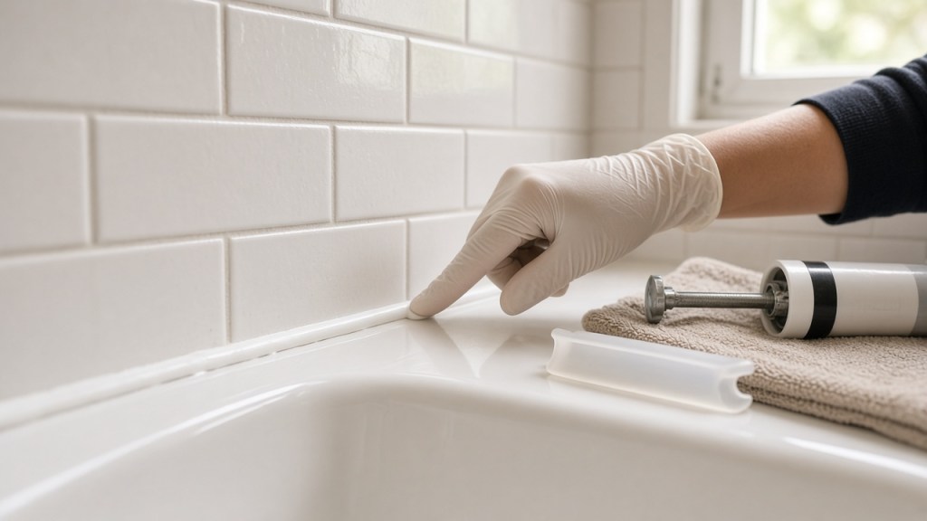 Gloved hand checking a silicone caulk bead where a bathtub meets white tile