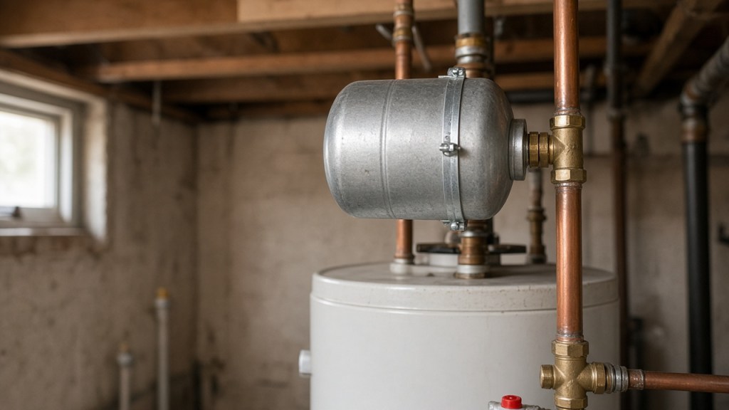 Silver thermal expansion tank on cold-water piping above a residential water heater in a basement utility area