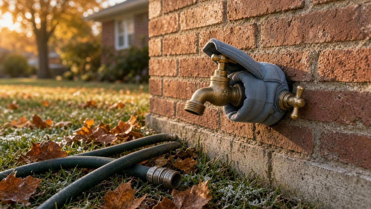 Brass outdoor faucet on a brick ranch with a foam insulated cover half-fitted and a disconnected garden hose coiled on frosty autumn grass